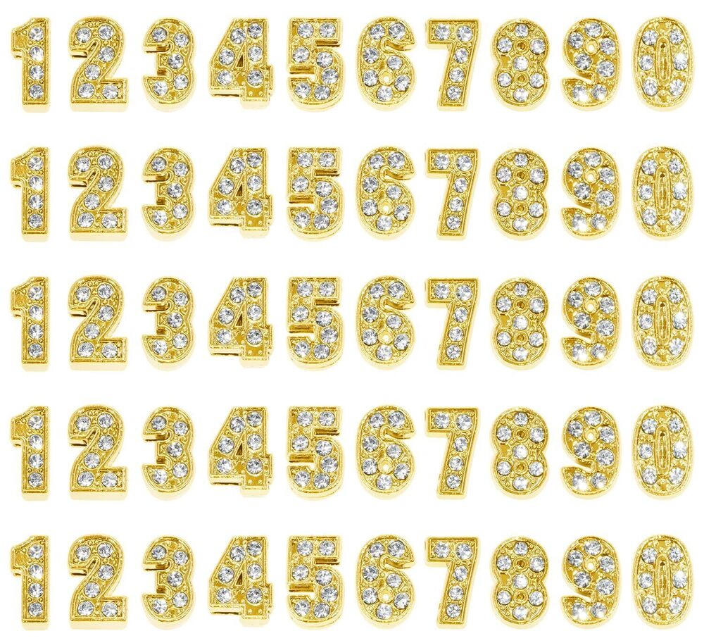 1671 8mm Gold Full Rhinestone 0-9 Number Slide Charms Spacer Beads for DIY